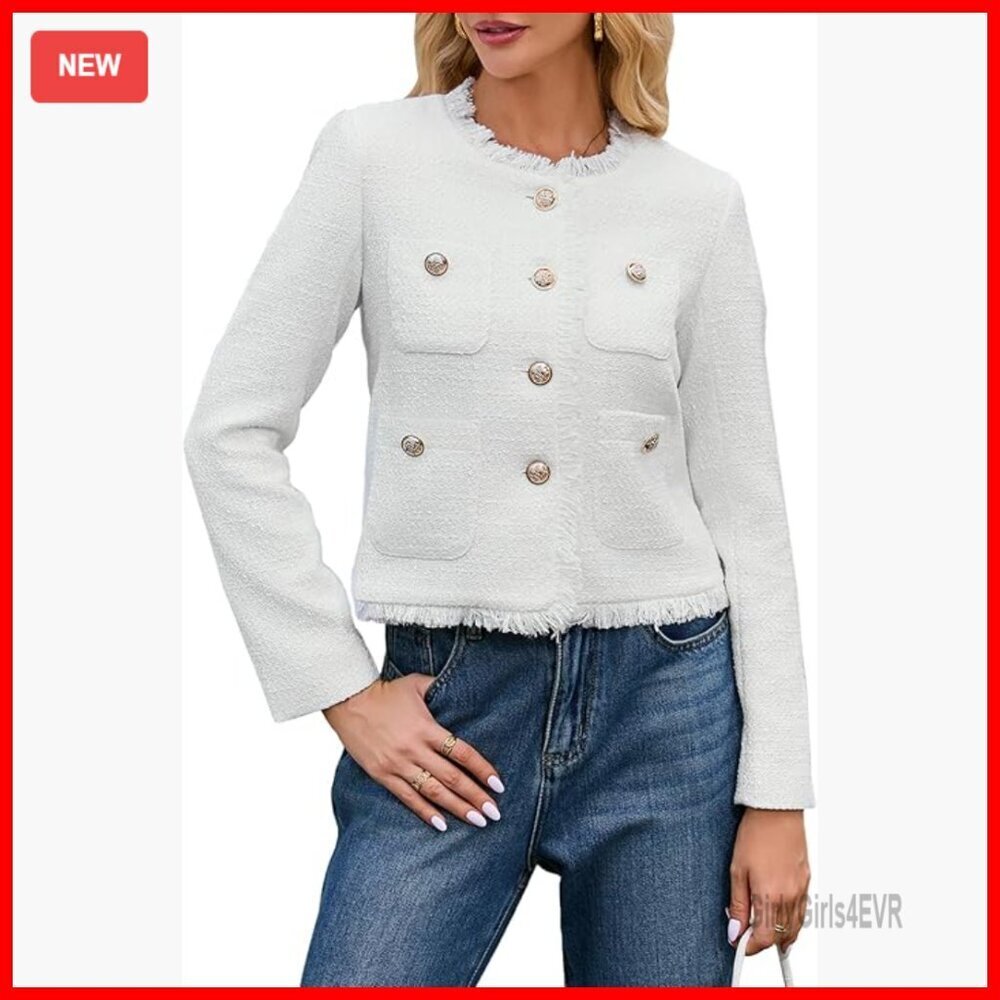 Cropped Tweed Blazer Collarless Long Sleeve Button Down Work Office Jacket